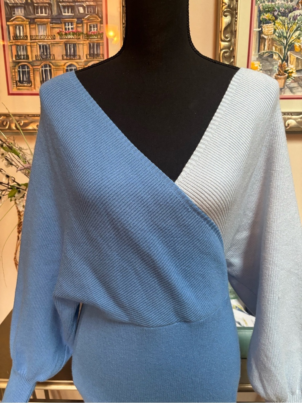 Colorblock Blue Knit Wrap Body-con V-Neck Wrap Midi Dress by Theenkoln Size Med - Picture 4 of 9